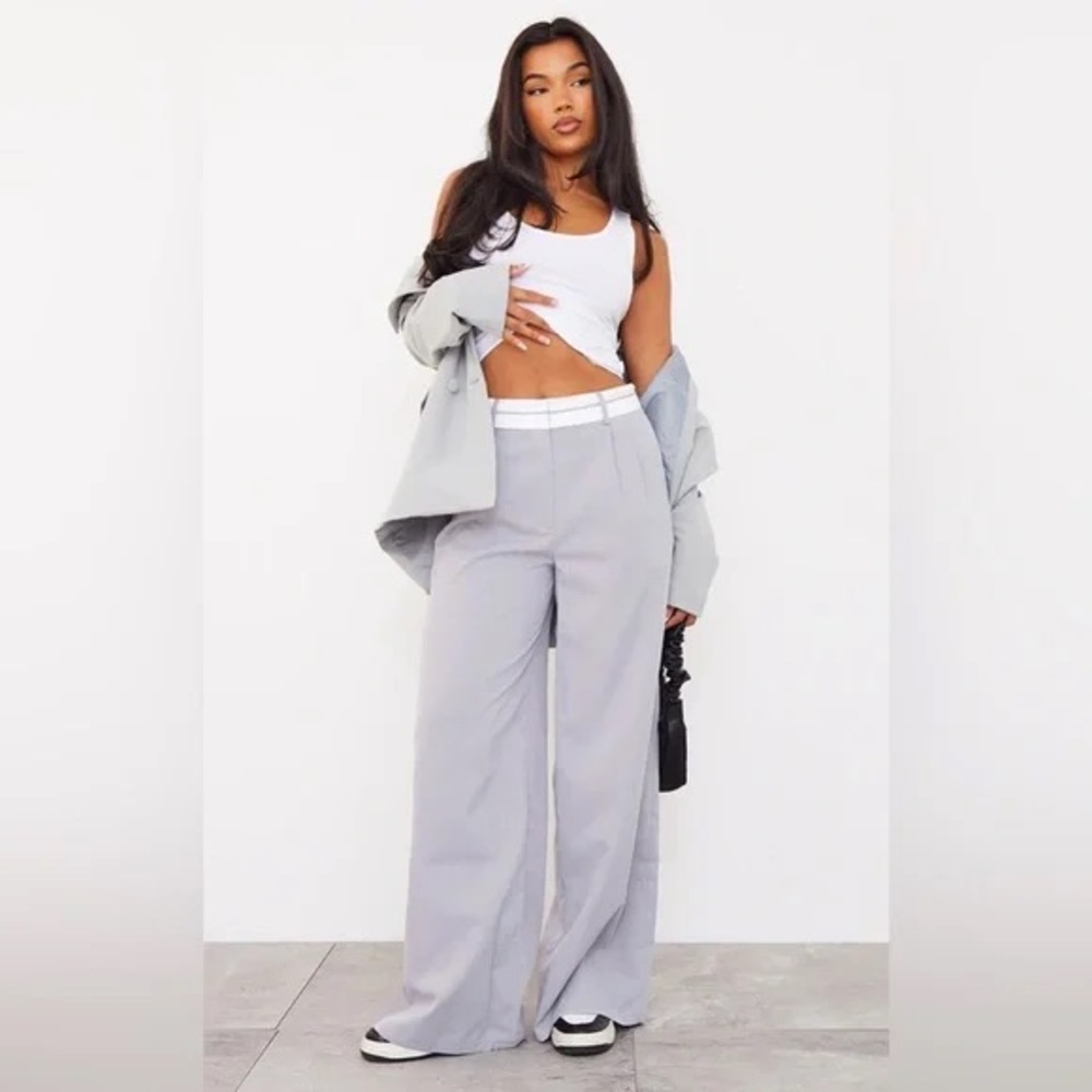 PrettyLittleThing Light Gray Wide Leg Trousers